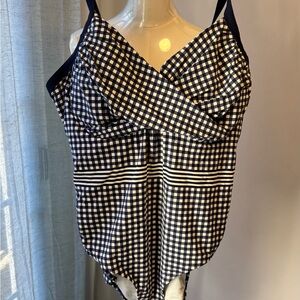Lands' End Navy Gingham One Piece Swimsuit
